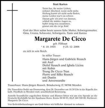 Traueranzeige von Margarete De Cicco von Tageszeitung