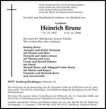 Traueranzeige von Heinrich Brune von Tageszeitung