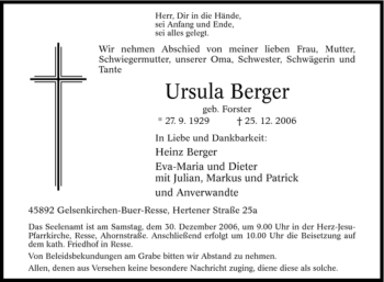 Traueranzeige von Ursula Berger von Tageszeitung