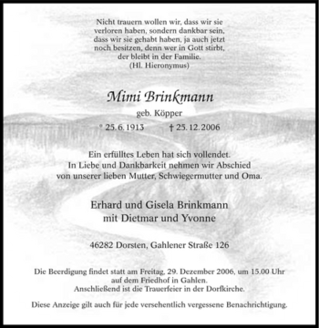 Traueranzeige von Mimi Brinkmann von Tageszeitung