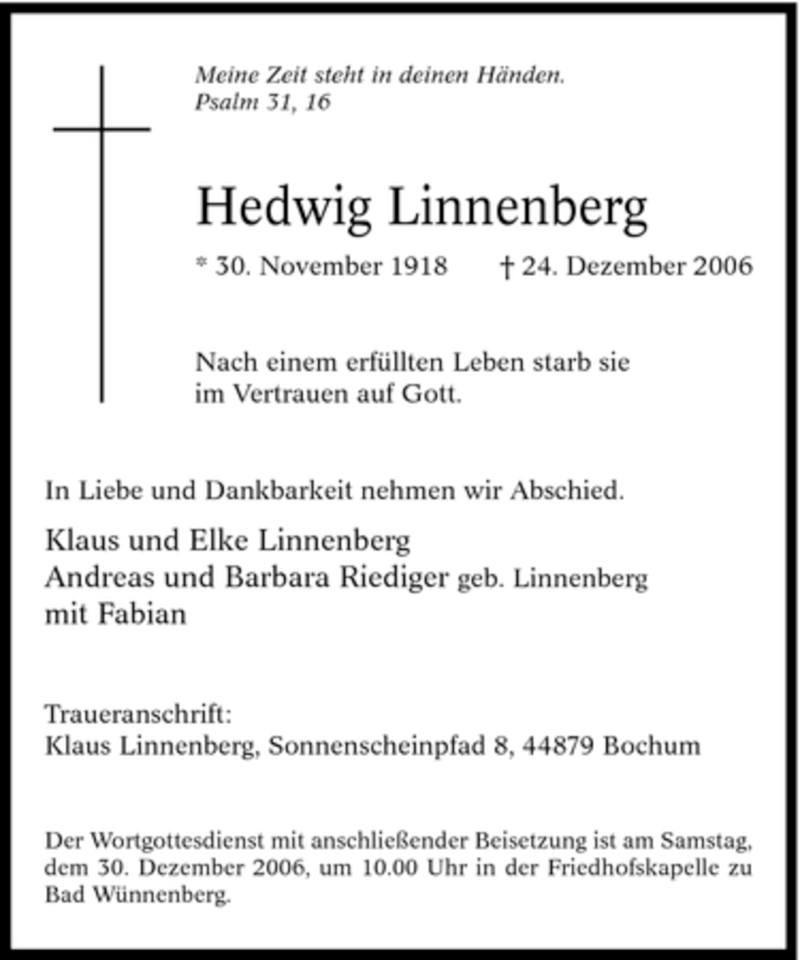  Traueranzeige für Hedwig Linnenberg vom 27.12.2006 aus Tageszeitung