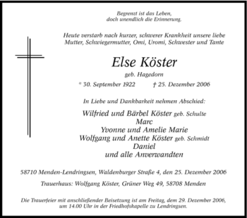Traueranzeige von Else Köster von Tageszeitung