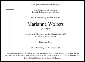 Traueranzeige von Marianne Wolters von Tageszeitung