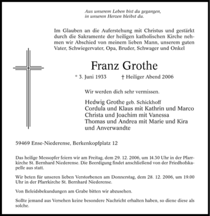  Traueranzeige für Franz Grothe vom 27.12.2006 aus Tageszeitung