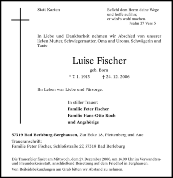 Traueranzeige von Luise Fischer von Tageszeitung