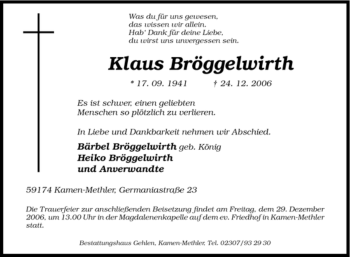 Traueranzeige von Klaus Bröggelwirth von Tageszeitung