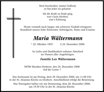 Traueranzeige von Maria Wältermann von Tageszeitung