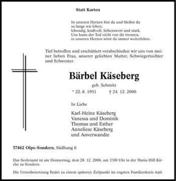 Traueranzeige von Bärbel Käseberg von Tageszeitung