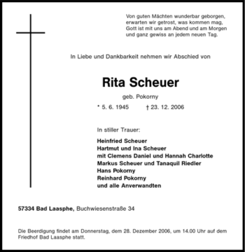 Traueranzeige von Rita Scheuer von Tageszeitung