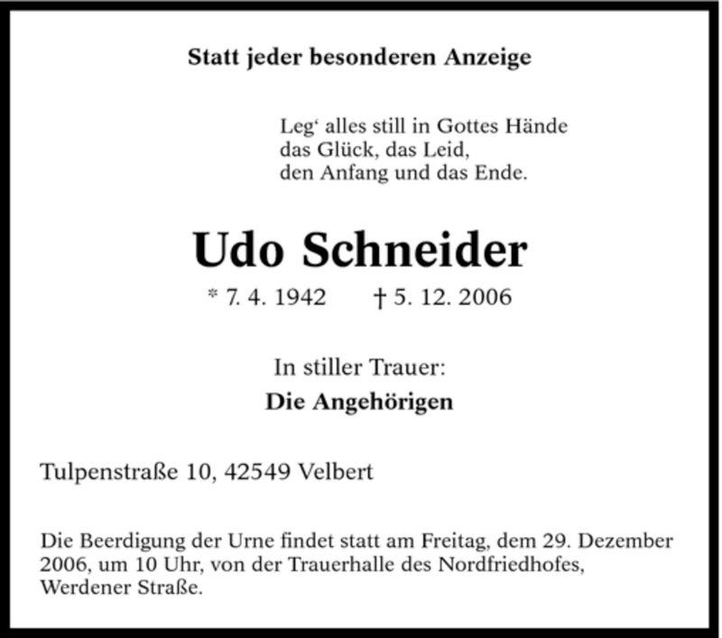  Traueranzeige für Udo Schneider vom 27.12.2006 aus WESTDEUTSCHE ALLGEMEINE ZEITUNG
