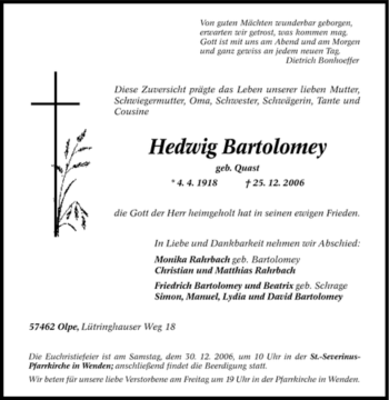 Traueranzeige von Hedwig Bortolomey von Tageszeitung