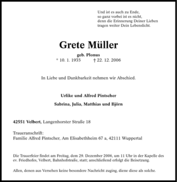 Traueranzeige von Grete Müller von Tageszeitung