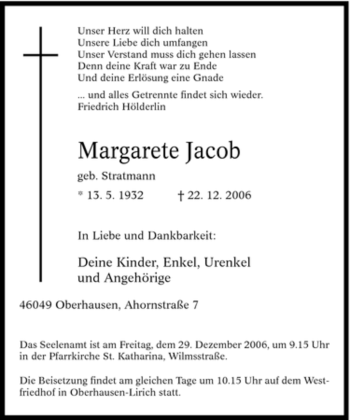 Traueranzeige von Margarete Jacob von Tageszeitung