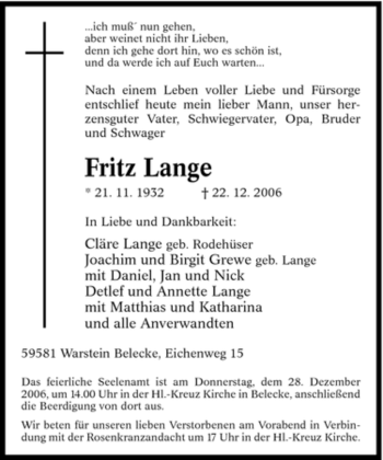 Traueranzeige von Fritz Lange von Tageszeitung