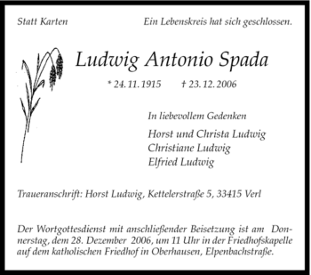 Traueranzeige von Ludwig Antonio Spada von Tageszeitung