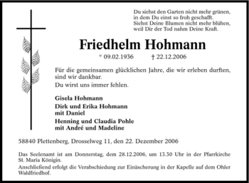 Traueranzeige von Friedhelm Hohmann von Tageszeitung