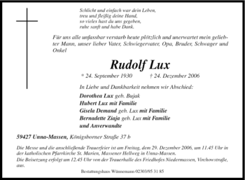 Traueranzeige von Rudolf Lux von Tageszeitung