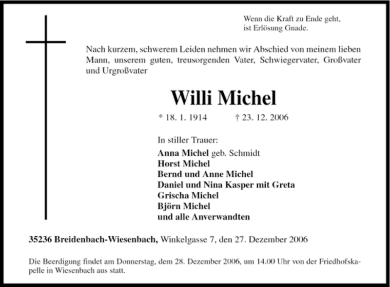 Traueranzeigen von Willi Michel TrauerinNRW.de