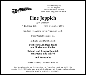Traueranzeige von Fine Joppich von Tageszeitung