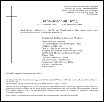 Traueranzeige von Hans-Joachim Höfig von Tageszeitung