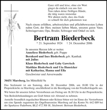 Traueranzeige von Bertram Biederbeck von Tageszeitung