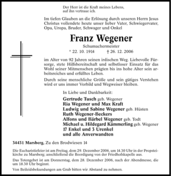Traueranzeige von Franz Wegener von Tageszeitung