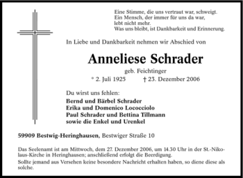 Traueranzeige von Anneliese Schrader von Tageszeitung