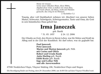 Traueranzeige von Irma Janeczek von Tageszeitung