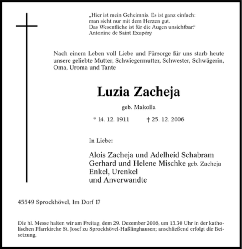 Traueranzeige für Luzia Zacheja vom 27.12.2006 aus Tageszeitung