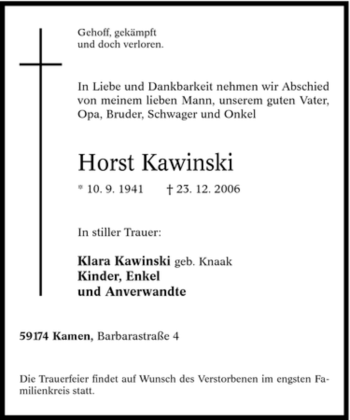 Traueranzeige von Horst Kawinski von Tageszeitung