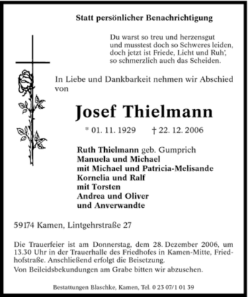 Traueranzeige von Josef Thielmann von Tageszeitung
