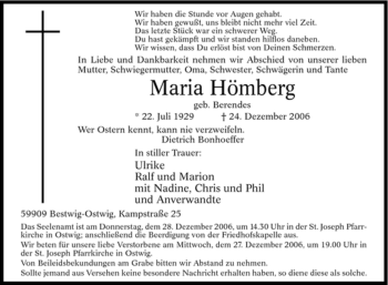 Traueranzeige von Maria Hömberg von Tageszeitung
