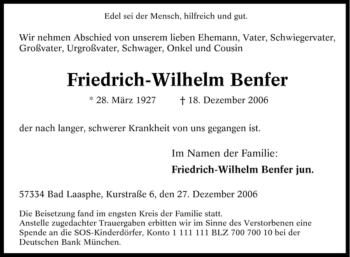 Traueranzeige von Friedrich-Wilhelm Benfer von Tageszeitung