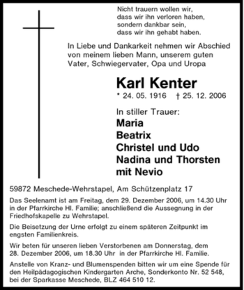 Traueranzeige von Karl Kenter von Tageszeitung