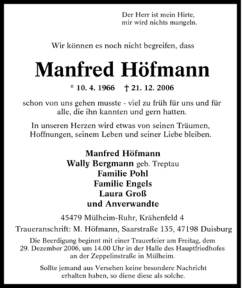 Traueranzeige von Manfred Höfmann von Tageszeitung