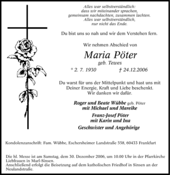 Traueranzeige von Maria Pöter von Tageszeitung
