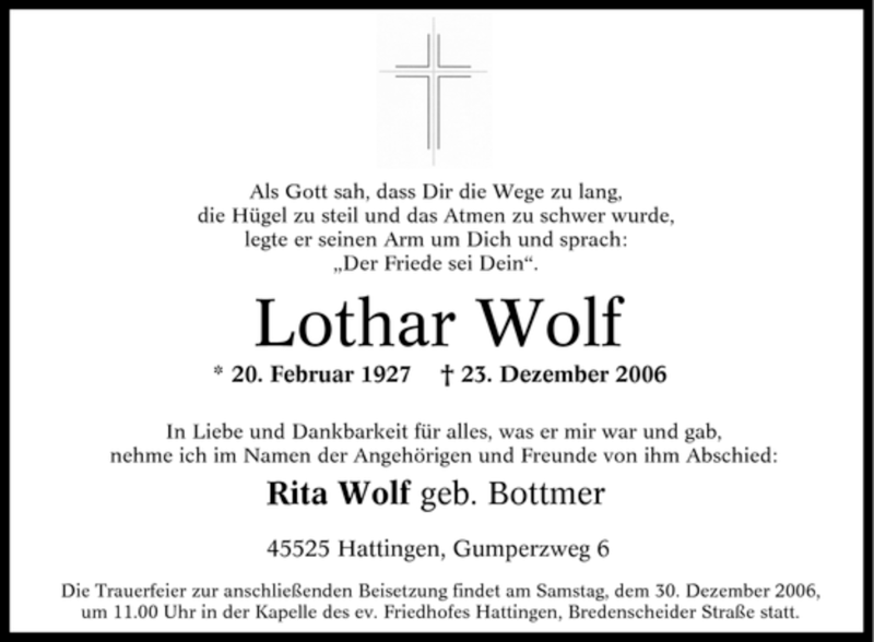  Traueranzeige für Lothar Wolf vom 28.12.2006 aus Tageszeitung