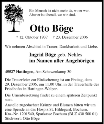 Traueranzeige von Otto Böge von Tageszeitung