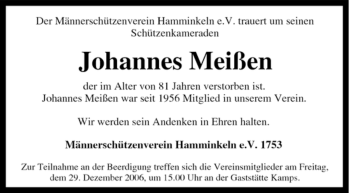 Traueranzeige von Johannes Meißen von Tageszeitung