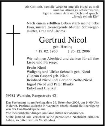 Traueranzeige von Gertrud Nicol von Tageszeitung
