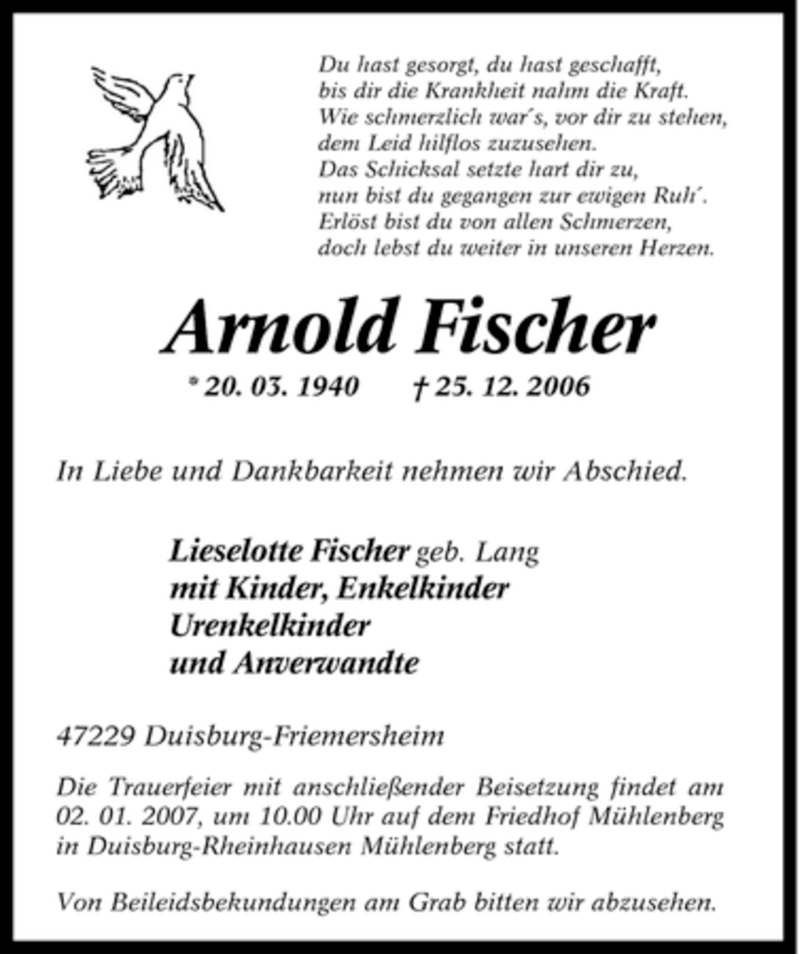  Traueranzeige für Arnold Fischer vom 28.12.2006 aus Tageszeitung