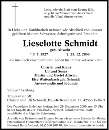 Traueranzeige von Lieselotte Schmidt von Tageszeitung