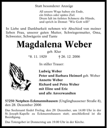 Traueranzeige von Magdalena Weber von Tageszeitung