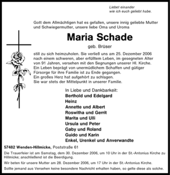 Traueranzeige von Maria Schade von Tageszeitung