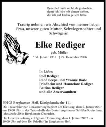 Traueranzeige von Elke Rediger von Tageszeitung