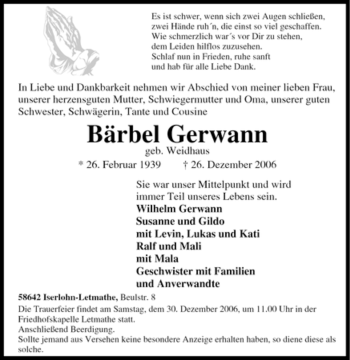 Traueranzeige von Bärbel Gerwann von Tageszeitung