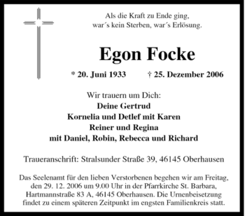Traueranzeige von Egon Focke von Tageszeitung