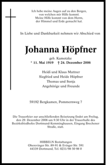 Traueranzeige von Johanna Höpfner von Tageszeitung