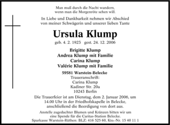 Traueranzeige von Ursula Klump von Tageszeitung