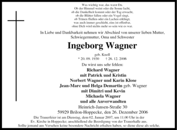 Traueranzeige von ngeborg Wagner von Tageszeitung